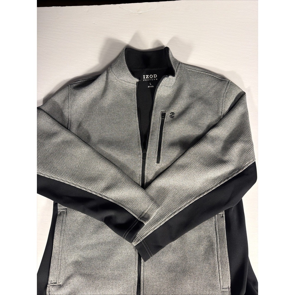 Izod Perform Mens Full Zip Sweater Jacket Fleece Lined Gray Black Size Large